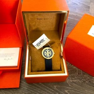 Tory Burch REVA Watch Blue Leather Strap 26mm Bezel NEW WITH TAGS